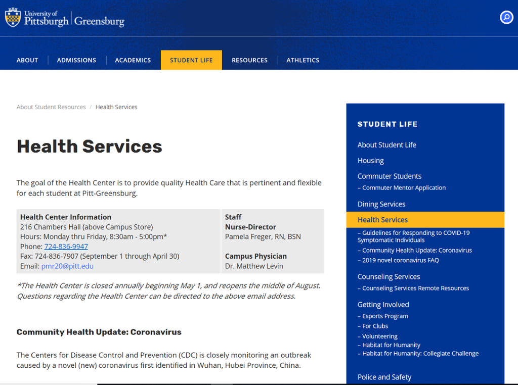 Student Health Greensburg My Pitt